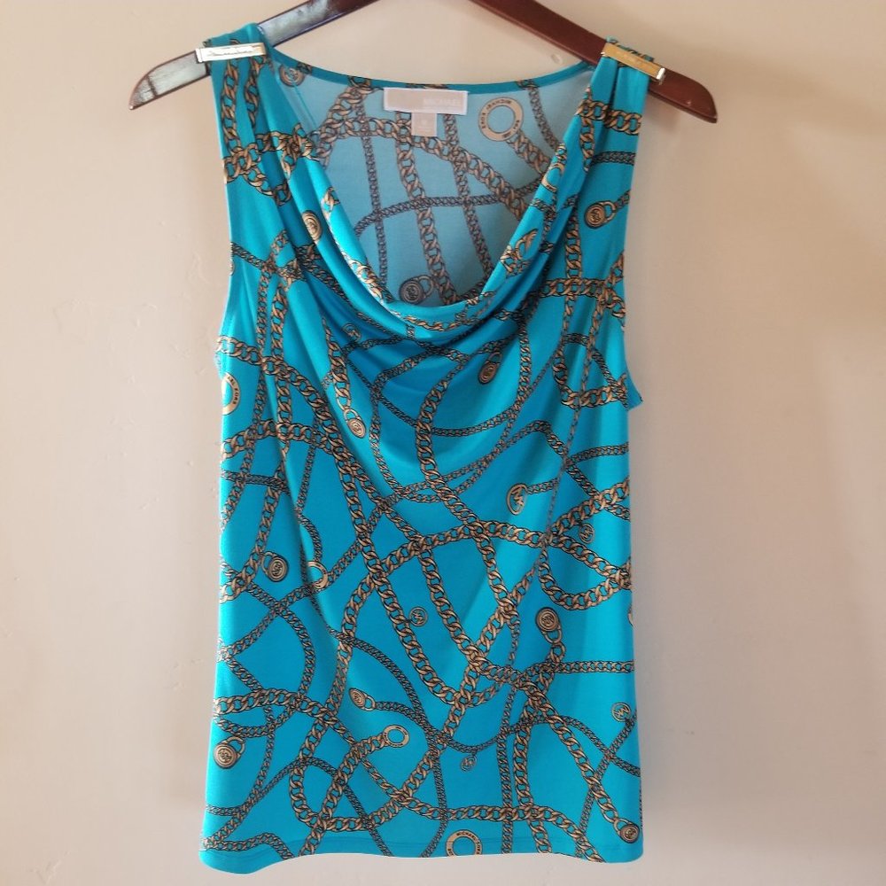 Michael Kors Teal and Gold chain design blouse Size M
